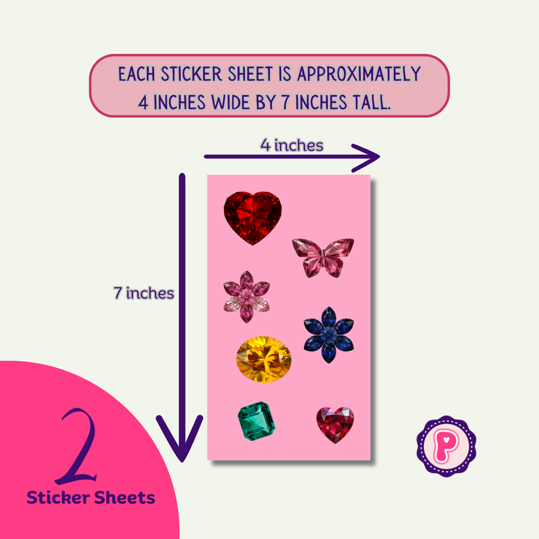 16 Assorted Gemstone Stickers - Water Resistant Sticker Sheets
