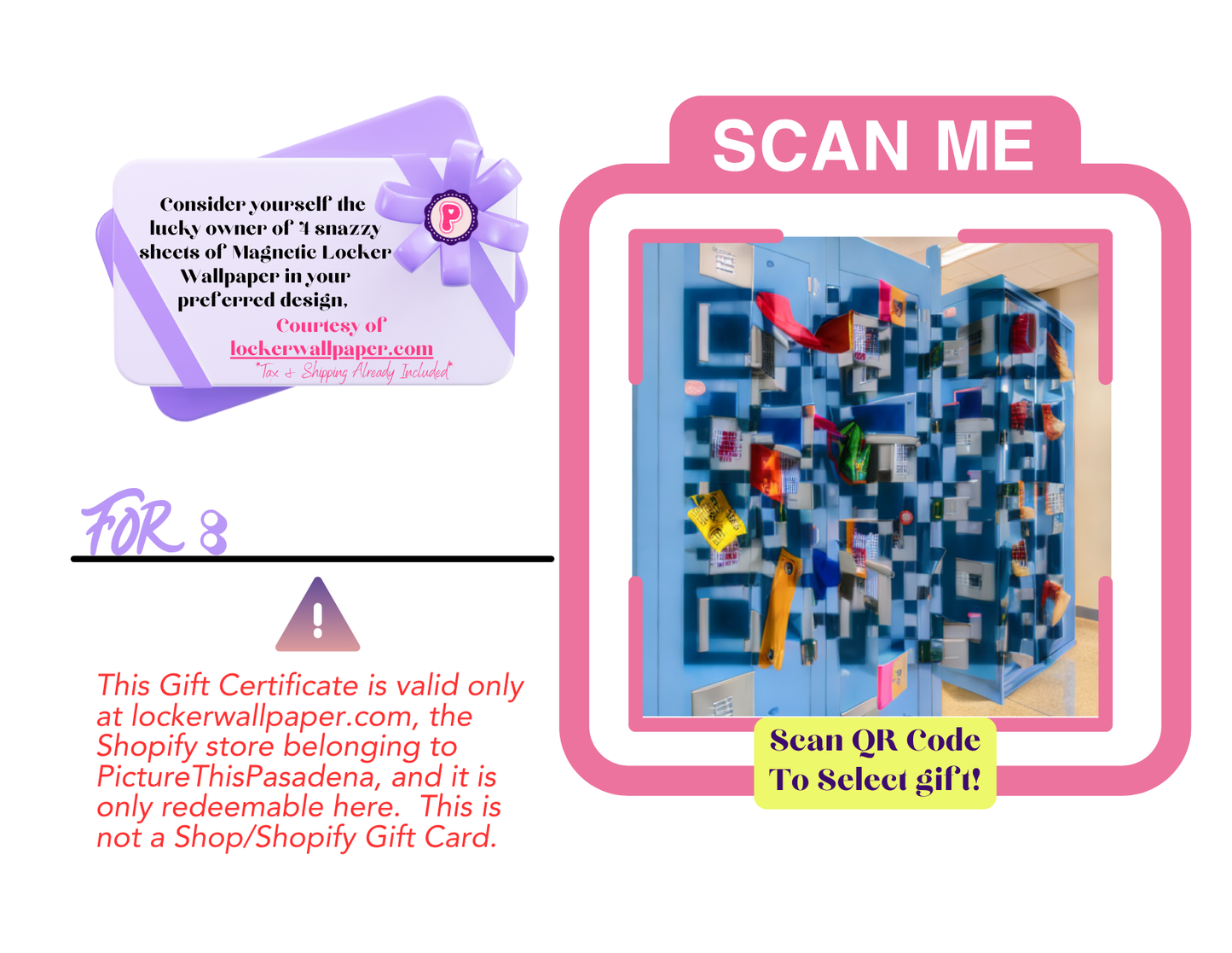 Magnetic Locker Wallpaper Gift Card, Gift Tag with QR Code and Size Guide