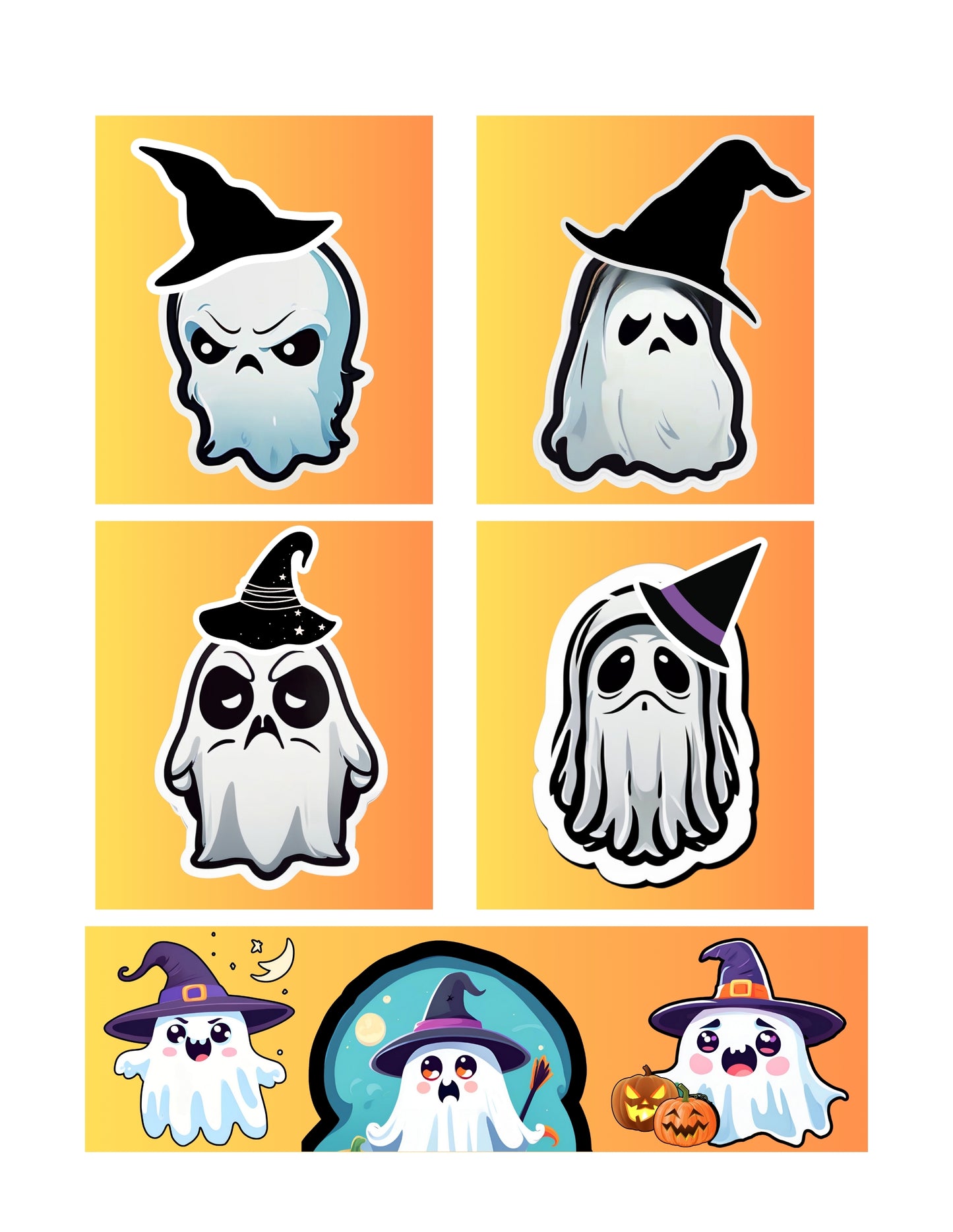 Halloween Grumpy Ghost Stickers, Happy Ghost Stickers, Scared Ghosts, Scary Ghost Stickers