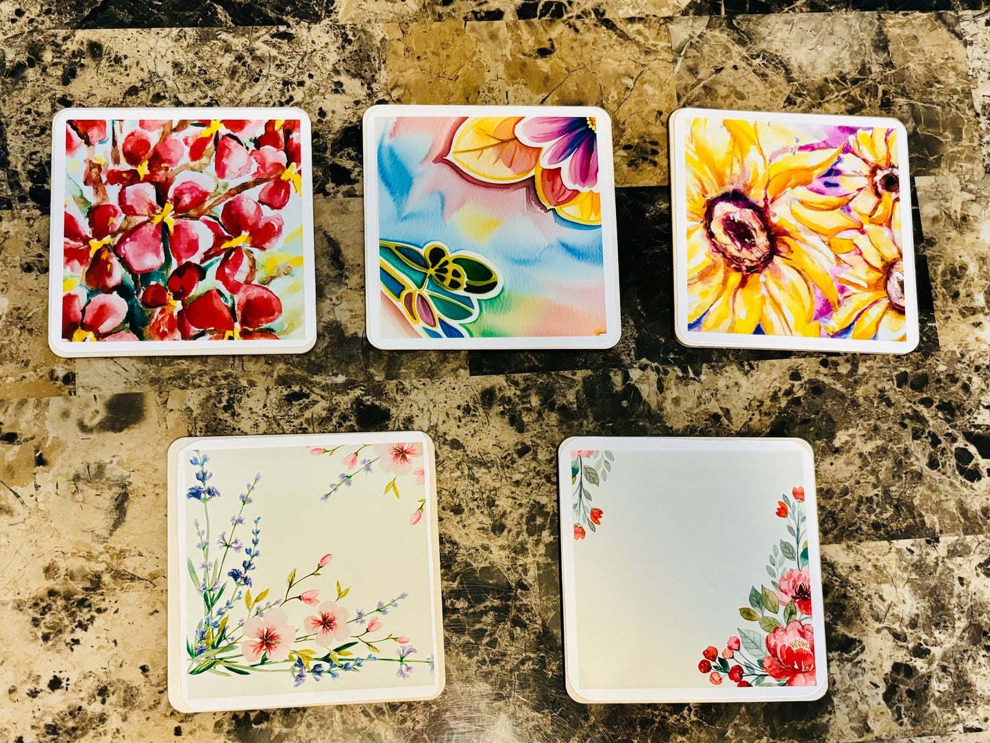 Handcrafted Wooden Coasters with Vibrant Thermal Dye Designs - Set of 5 (4x4 inch square) - Sets can be customized