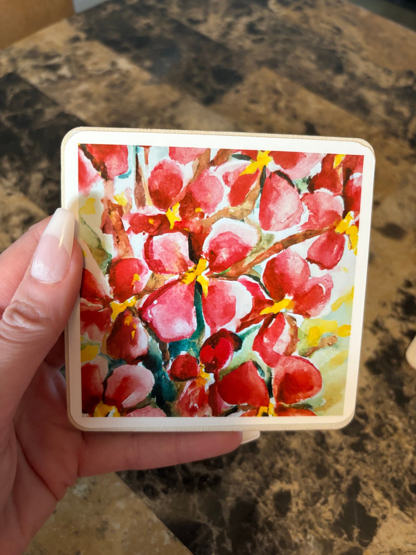 Handcrafted Wooden Coasters with Vibrant Thermal Dye Designs - Set of 5 (4x4 inch square) - Sets can be customized