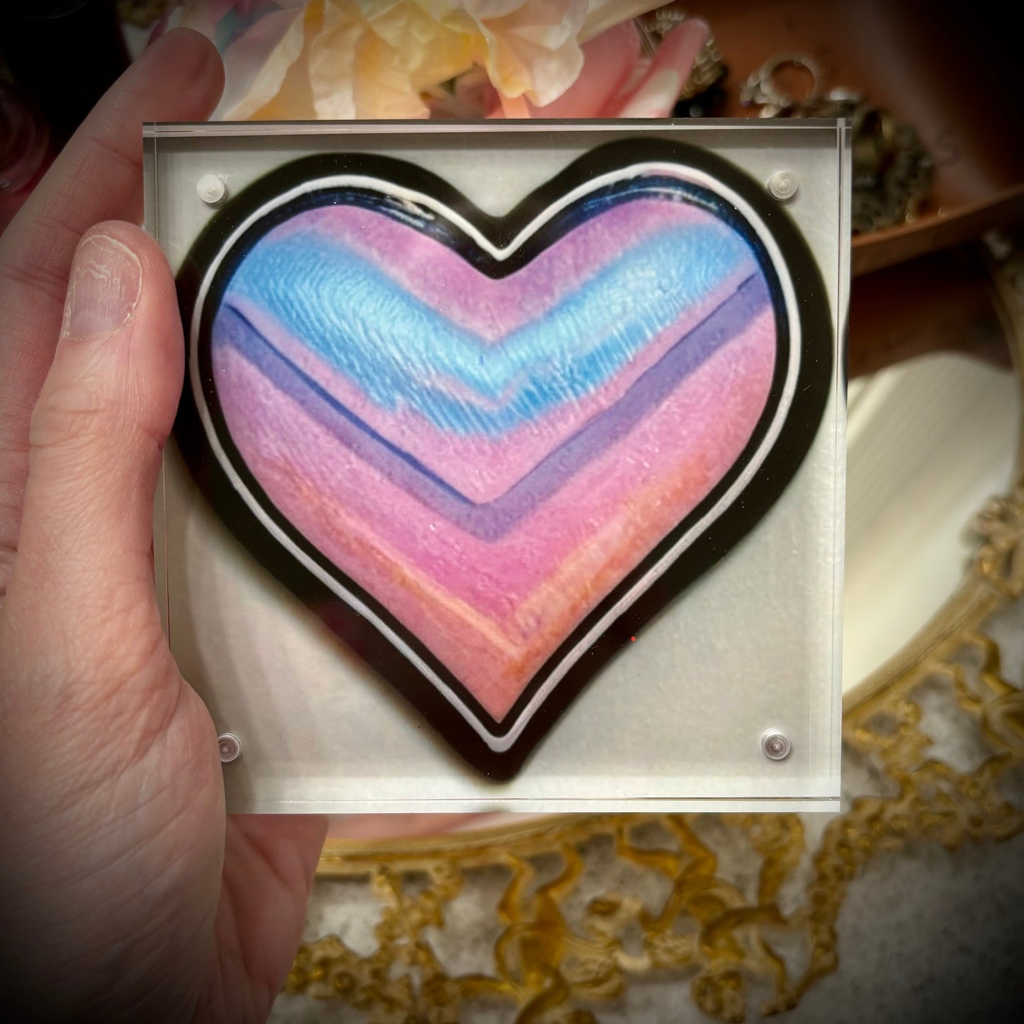 Photo Cube / Heart in a Box / Home Decor / Handmade Gift / Magnetic Photo Frame / 4”x4”